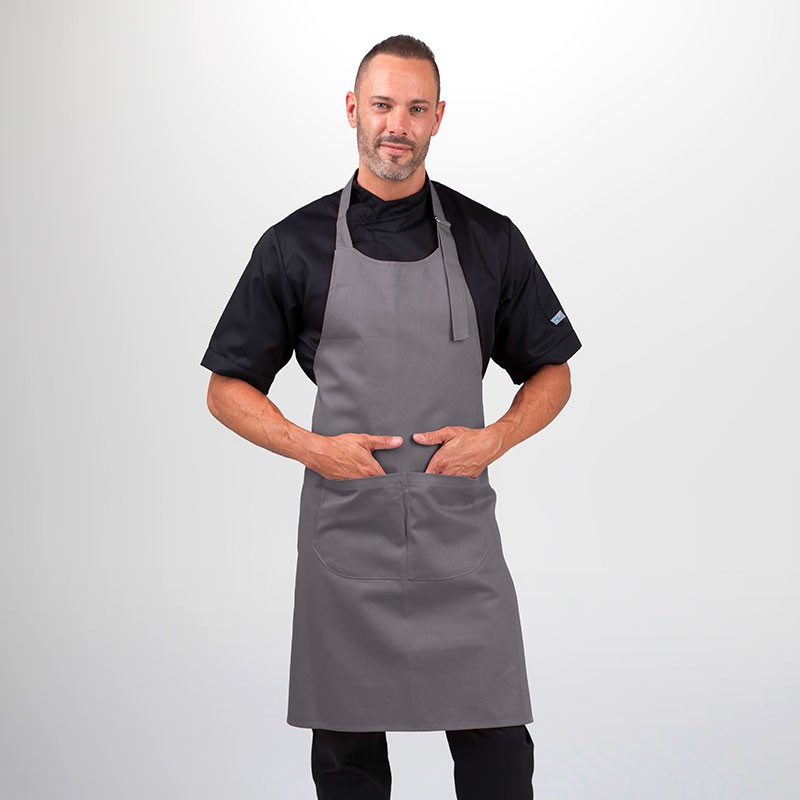 Tablier Gris Clair À Bavette Double Poches 100% Coton - MANELLI