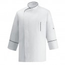 Veste de Cuisine microfibre blanche liseré noir, coupe droite avec poche poitrine, bouton pression