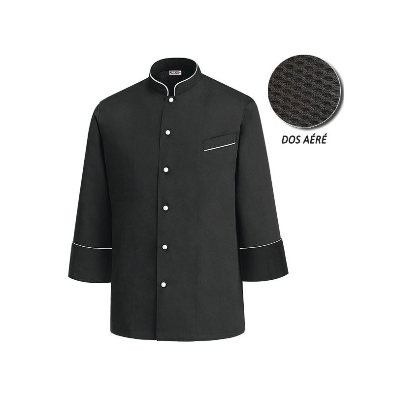 Veste de Cuisine noire dos aéré- Luca, bouton blanc et liseré blanc, idéal pour cuisinier