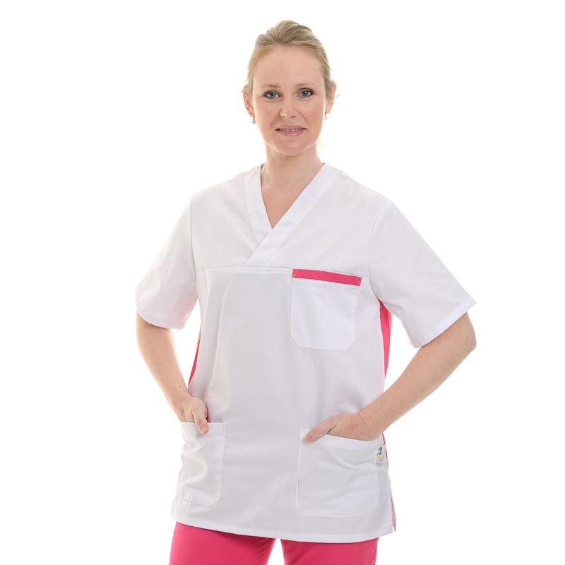 Tunique medicale blanche et rose femmes manche courte promotion confortable