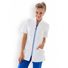 Blouse médicale manches courtes blanc/bleu zip- CLINIC DRESS