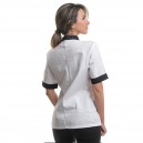 Veste de cuisine femme coupe féminine à manches courtes en coloris blanc et détail noir sur col et manche Manelli - Gamme Jena