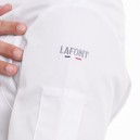 Détail de la broderie Lafont de la veste de cuisine Basil blanche à manches courtes Lafont