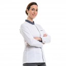 Veste de cuisine femme coloris blanc avec details denim sur le col, les manches et le liseré modèle Elbax