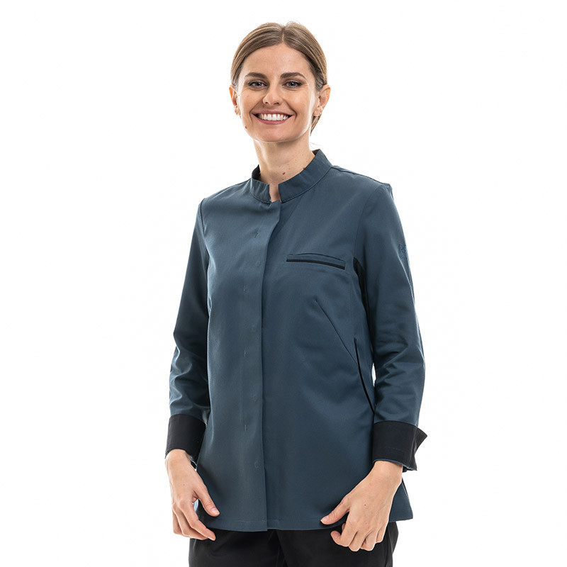 Veste Cuisine Femme Manche Longue Escale Bleu Océan Liseré Noir - ROBUR