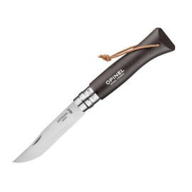 Couteau de Cuisine de Poche Lame Inox Manche Bois Noir Brun + Lien Cuir – OPINEL