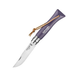 Couteau de Poche Lame Inox Manche Bois Violet Gris + Lien Cuir – OPINEL