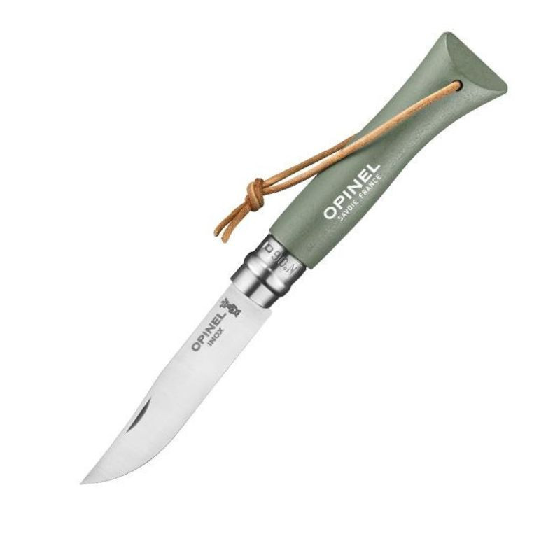Couteau de Poche Lame Inox Manche Bois Vert Sauge + Lien Cuir – OPINEL