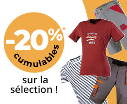 -20% cumulables sur la sélection vêtements de travail été avec le code 20PRO. Hors autres codes de réductions et "exclus web".