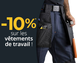 -10% sur les vêtements de travail jusqu'au 25 mai avec le code Brico25. Hors offres broderie, gravure et "exclus web".