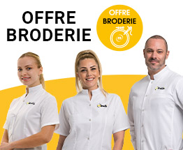 À partir de 3 vestes achetées, la broderie est offerte ! *Achat minimum de trois vestes portant la mention “Offre Broderie“, la première ligne de texte est offerte (hors fils métalliques).