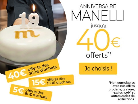Manelli fête ses 19 ans. Lorsque vous achetez, vous êtes récompensés ! 5€ offerts* dès 80€ d'achats. 15€ offerts* dès 150€ d'achats. 40€ offerts* dès 300€ d'achats. *Hors offres broderie, gravure, “exclus web” et codes de réduction.