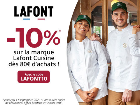 -10%* sur la marque Lafont Cuisine dès 80€ d’achats avec le code LAFONT10 ! *Jusqu’au 14 septembre 2025 ! Hors autres codes de réductions, offres broderie et "exclus web".