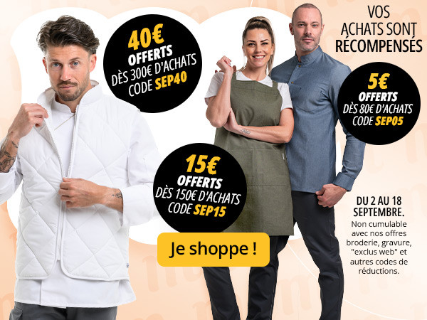 Vos achats sont récompensés, 40€ offerts dès 300€ d'achats code sep40, 15€ offerts dès 150€ d'achats code sep15 et 5€ offerts dès 80€ d'achats code sep05. Offre jusqu'au 18 septembre sur manelli.fr