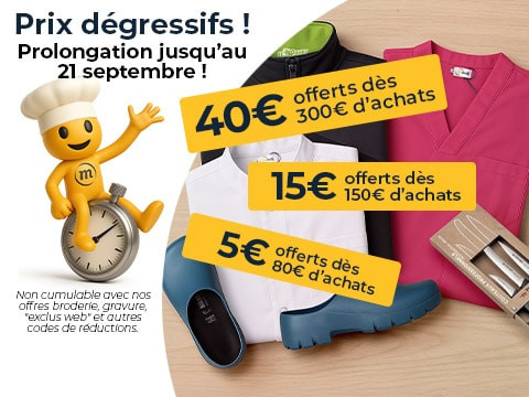 Vos achats sont récompensés ! 40€ offerts offerts dès 300€ d’achats, 15€ dès 150€ et 5€ offerts dès 80€. Du 1er au 21 septembre. Non cumulable avec nos offres broderie, gravure, "exclus web" et autres codes de réductions.