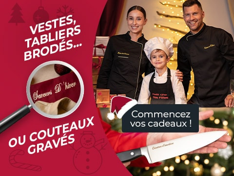 Une veste de cuisine ou un tablier brodé… un couteau gravé personnalisé ? Des cadeaux uniques pour Noël cette année avec Manelli !