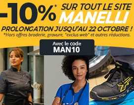 -10% sur tout le site jusqu'au 15 octobre avec le code MAN10 ! Hors offres broderie, gravure, "exclus web" et autres réductions.