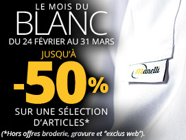 Le mois du blanc du 24/02 au 31/03 - Jusqu'à -50% sur une sélection d'articles. Hors offres broderie, gravure et " exclus web".