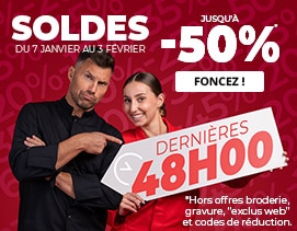 SOLDES jusqu'à -50%* de remises et -5% de plus avec le code 26LAST5 ! Dépêchez-vous ! Du 7 janvier au 3 février. *Hors offres broderies, gravures, “exclus web“ et codes de réduction.