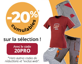 -20% cumulables sur la sélection vêtements de travail été avec le code 20PRO. Hors autres codes de réductions et "exclus web".