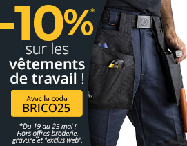 -10% sur les vêtements de travail jusqu'au 25 mai avec le code Brico25. Hors offres broderie, gravure et "exclus web".
