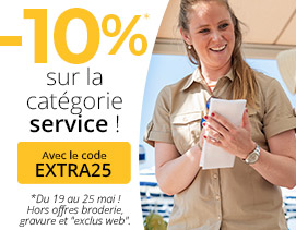-10% sur les vêtements de travail jusqu'au 25 mai avec le code Brico25. Hors offres broderie, gravure et "exclus web".