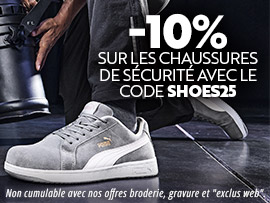 Le mois du workwear : -10% sur les chaussures de sécurité avec le code SHOES25. Offre du 3 au 31 mars, hors offres broderie, gravure et "exclus web".