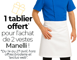 1 tablier offert* pour l’achat de 2 vestes Manelli ! *Du 14 au 27 avril, hors offres broderie et “exclus web“.