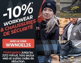 -10% sur les vêtements de travail et chaussures de sécurité jusqu'au 21 décembre minuit avec le code WWNOEL25. Hors “exclus web" et autres codes de réduction.