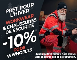 -10% sur les vêtements de travail jusqu'au 8 décembre minuit avec le code WWNOEL25. Hors “exclus web" et autres codes de réduction.