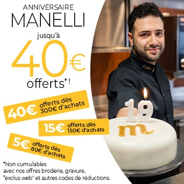 Manelli fête ses 19 ans. Lorsque vous achetez, vous êtes récompensés ! 5€ offerts* dès 80€ d'achats. 15€ offerts* dès 150€ d'achats. 40€ offerts* dès 300€ d'achats. *Hors offres broderie, gravure, “exclus web” et codes de réduction.