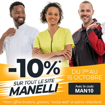 -10% sur tout le site jusqu'au 15 octobre avec le code MAN10 ! Hors offres broderie, gravure, "exclus web" et autres réductions.