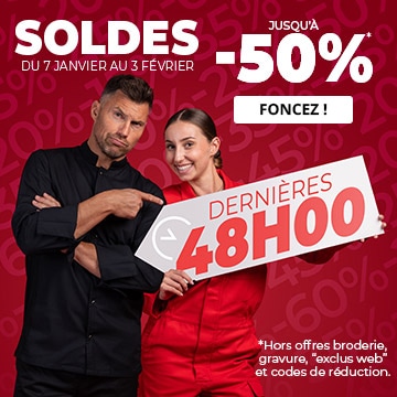 SOLDES jusqu'à -50%* de remises et -5% de plus avec le code 26LAST5 ! Dépêchez-vous ! Du 7 janvier au 3 février. *Hors offres broderies, gravures, “exclus web“ et codes de réduction.